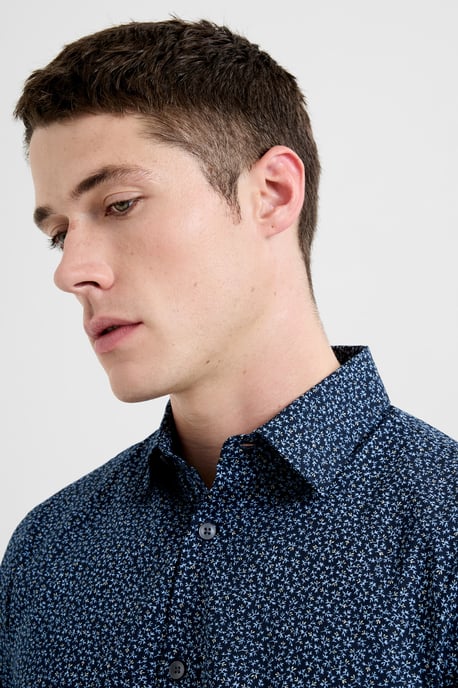 Navy Cotton Floral Print Long Sleeve Button-Up Shirt - Image 3