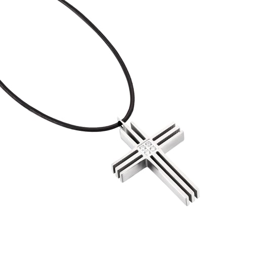Stainless Steel Grooved Cross Pendant With CZ Centre - 20 Inches Leather Cord - Image 2