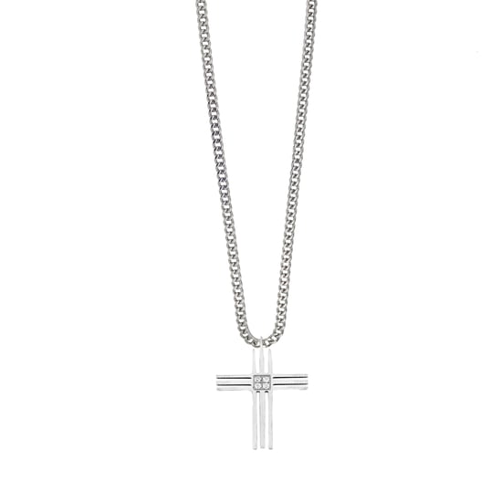 Stainless Steel Grooved Cross Pendant With CZ Centre - 20 Inches Steel - Image 1