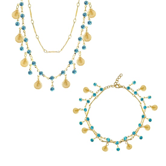 Gold Plated Shell And Crystal Double Layer Necklace And Bracelet Set - Image 3