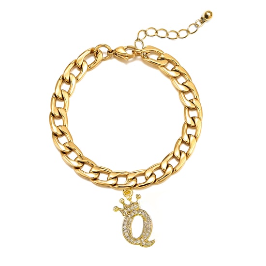 Gold Plated Crystal Letter Charm Curb Bracelet - Q - Image 1