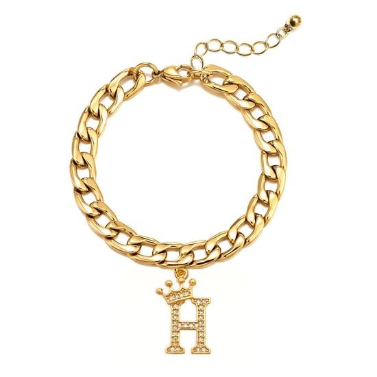 Gold Plated Crystal Letter Charm Curb Bracelet - H - Image 1