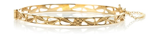 9ct Yellow Rolled Gold Daisy Leaf Hinged Bangle Bracelet, Safety Chain - Image 1