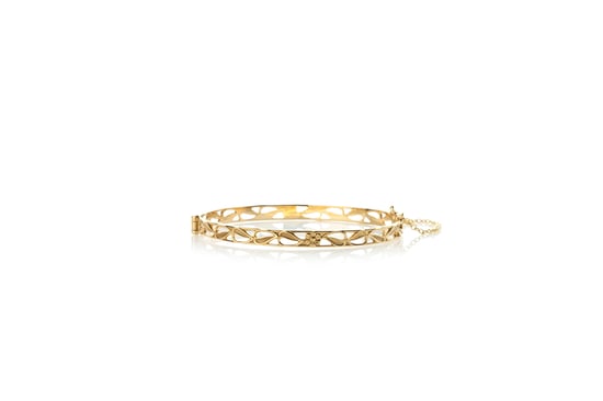 9ct Yellow Rolled Gold Daisy Leaf Hinged Bangle Bracelet, Safety Chain - Image 2