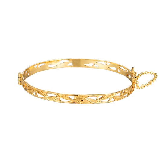 9ct Yellow Rolled Gold Daisy Leaf Hinged Bangle Bracelet, Safety Chain - Image 4