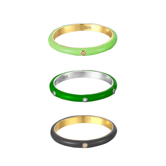 18ct Gold Plated Sterling Silver Coloured Enamel White Cubic Zirconia Edgy Ring Stacking Set - Image 1
