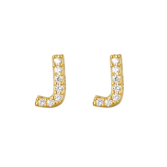 18ct Gold Plated Sterling Silver White Cubic Zirconia Initial Stud Earrings - J - Image 2
