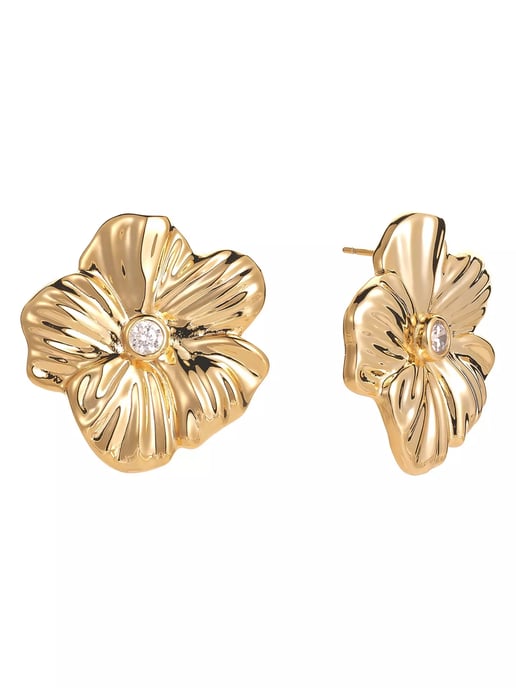 Gold Plated Oversized Floral White Cubic Zirconia Stud Earrings - Image 1