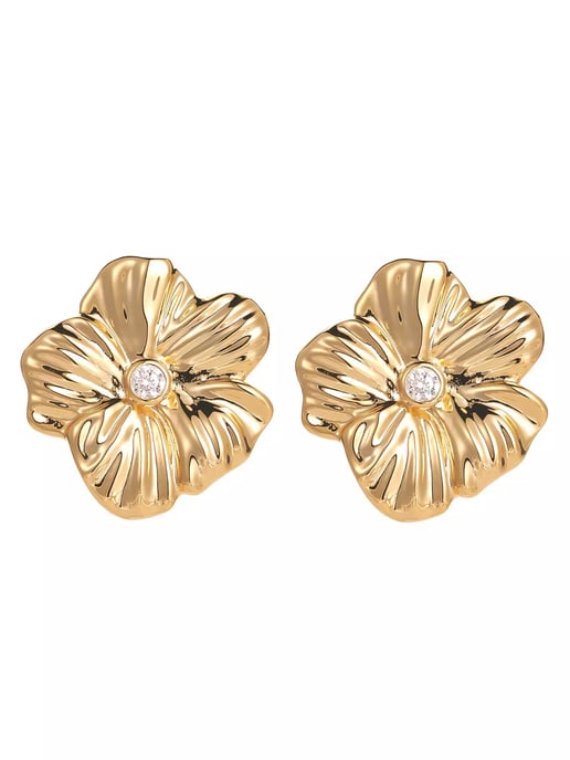 Gold Plated Oversized Floral White Cubic Zirconia Stud Earrings - Image 2