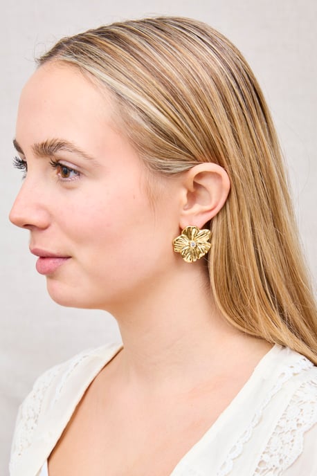 Gold Plated Oversized Floral White Cubic Zirconia Stud Earrings - Image 3