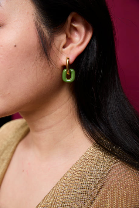 Gold Plated Pistachio Enamel Interchangeable Reversible Link Hoops Earrings - Image 3