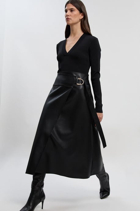 Petite Figure Form Pu Mix Tab Detail Pleated Knit Midi Dress - Image 2
