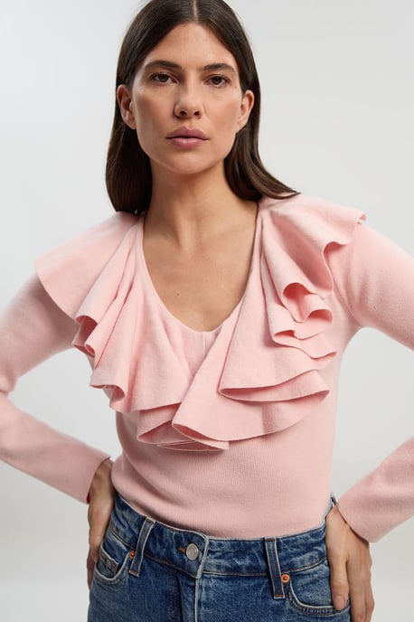 Compact Wool Look Ruffle V Neck Knit Top - Image 1