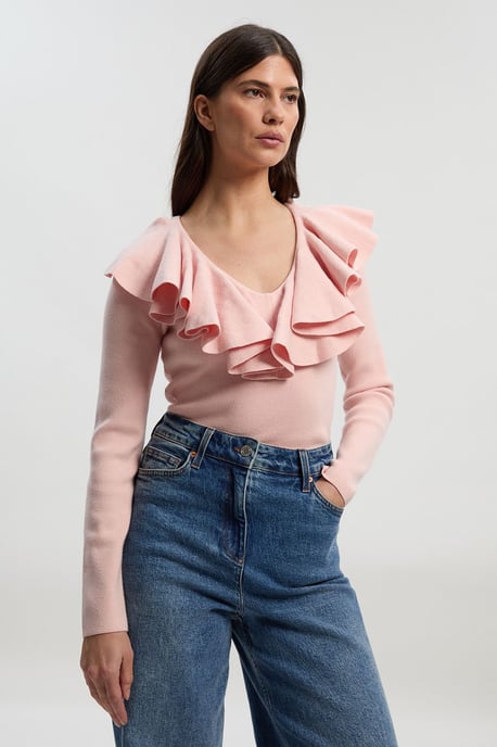 Compact Wool Look Ruffle V Neck Knit Top - Image 2