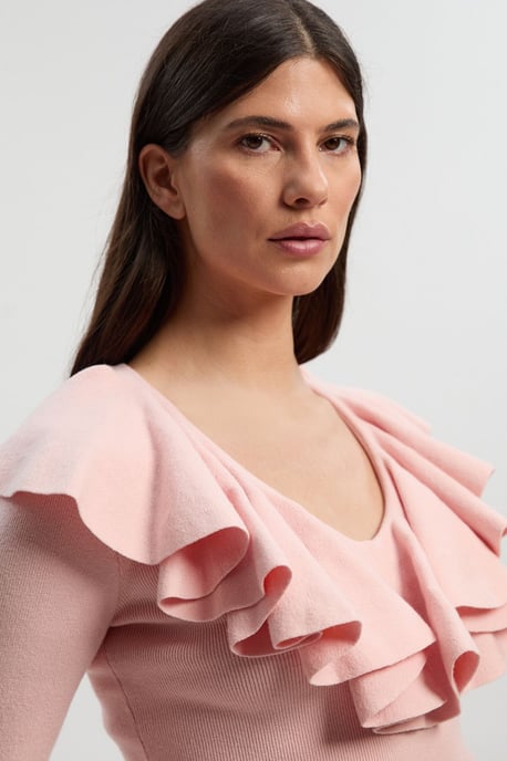 Compact Wool Look Ruffle V Neck Knit Top - Image 3
