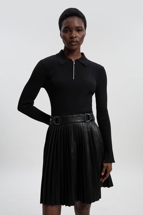 Knitted Zip Neck Pu Mix Pleated Mini Dress - Image 1