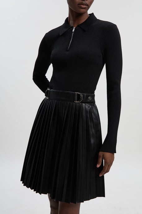 Knitted Zip Neck Pu Mix Pleated Mini Dress - Image 2