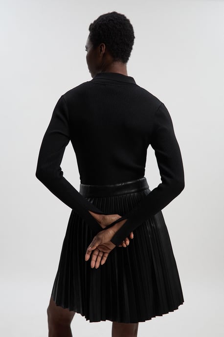 Knitted Zip Neck Pu Mix Pleated Mini Dress - Image 4