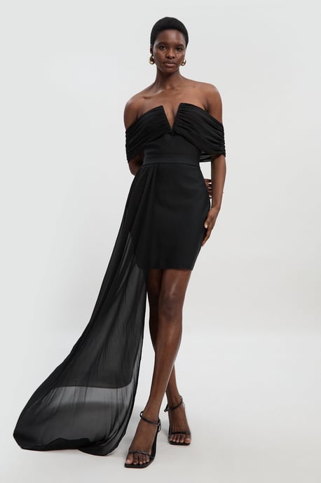 Figure Form Bandage Knit Woven Bardot And Skirt Detail Dress - Image 1