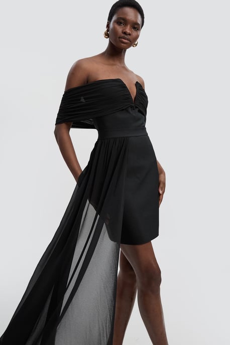 Figure Form Bandage Knit Woven Bardot And Skirt Detail Dress - Image 2