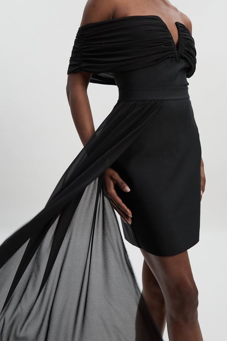 Figure Form Bandage Knit Woven Bardot And Skirt Detail Dress - Image 3