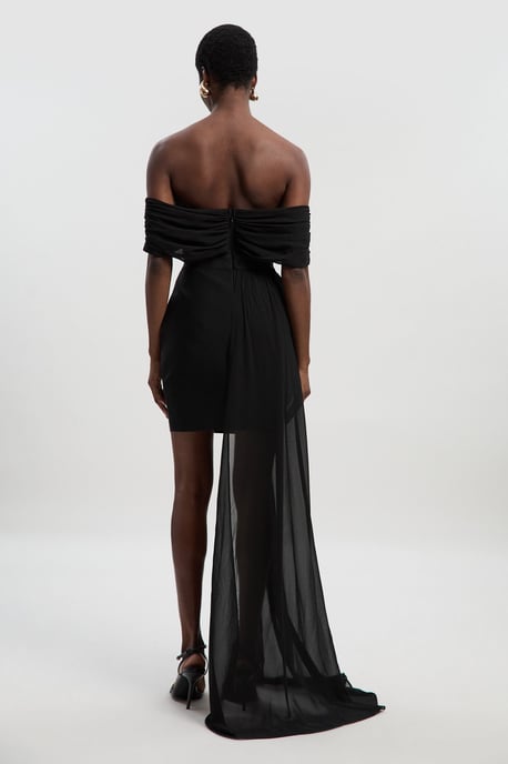 Figure Form Bandage Knit Woven Bardot And Skirt Detail Dress - Image 4