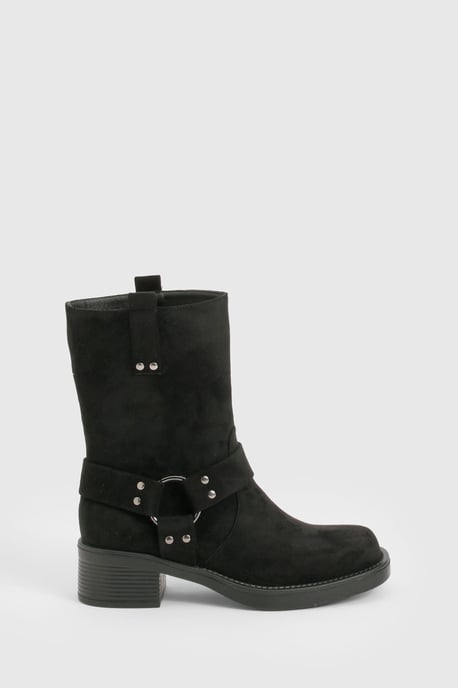 Faux Suede Harness Detail Biker Boots - Image 3