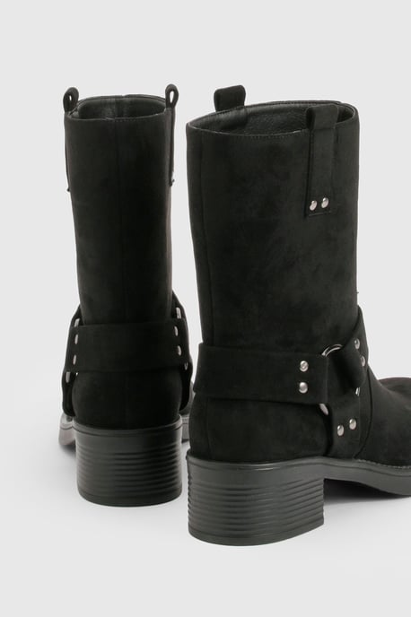 Faux Suede Harness Detail Biker Boots - Image 4