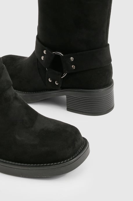 Faux Suede Harness Detail Biker Boots - Image 6