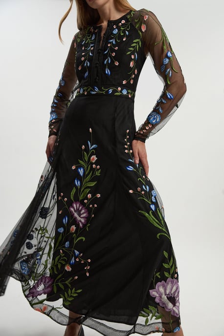 Petite Placed Floral Embroidered Mesh Woven Belted Maxi Dress - Image 3