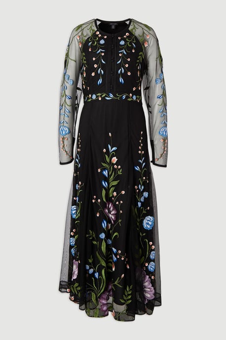 Petite Placed Floral Embroidered Mesh Woven Belted Maxi Dress - Image 4