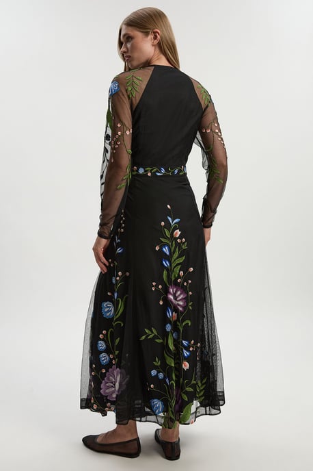Petite Placed Floral Embroidered Mesh Woven Belted Maxi Dress - Image 6