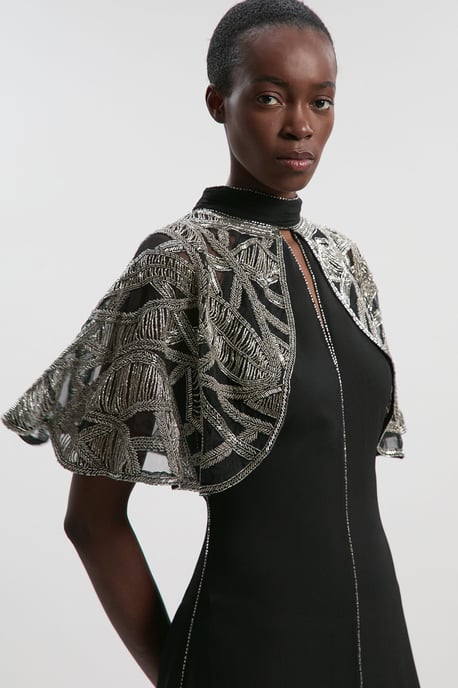 Crystal Embellished Cutwork Cape Detail Woven Maxi Dress - Image 2