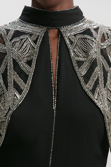 Crystal Embellished Cutwork Cape Detail Woven Maxi Dress - Image 3