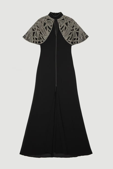 Crystal Embellished Cutwork Cape Detail Woven Maxi Dress - Image 4