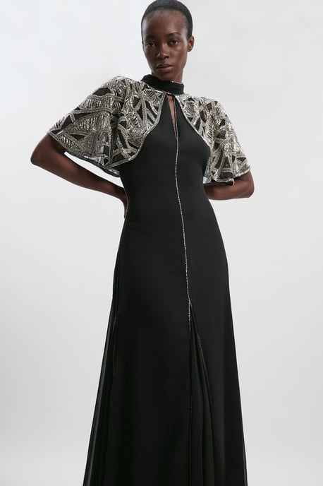 Crystal Embellished Cutwork Cape Detail Woven Maxi Dress - Image 5