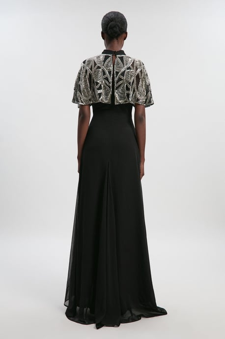 Crystal Embellished Cutwork Cape Detail Woven Maxi Dress - Image 6