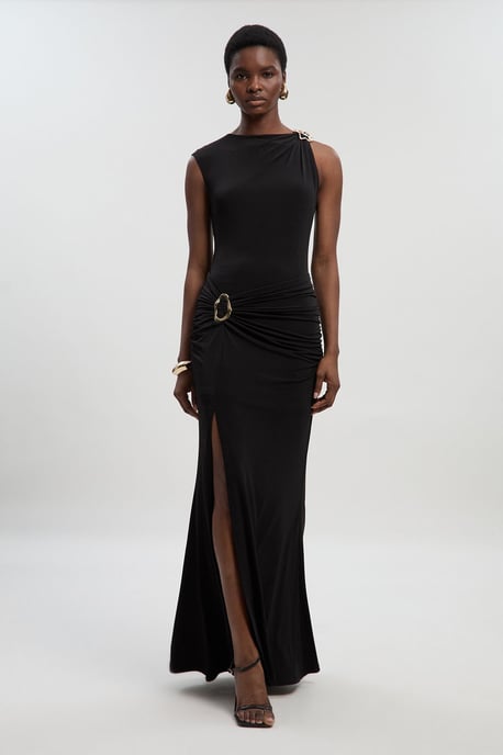 Drapey Crepe Trim Detail Ruched Maxi Dress - Image 1