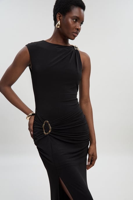 Drapey Crepe Trim Detail Ruched Maxi Dress - Image 2
