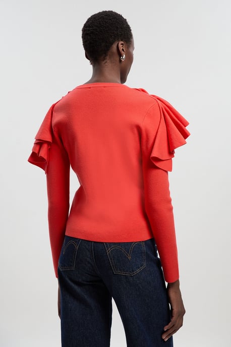 Compact Wool Look Ruffle V Neck Cardigan - Image 4