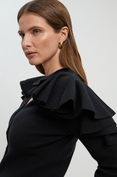 Compact Wool Look Ruffle V Neck Cardigan - Image 2
