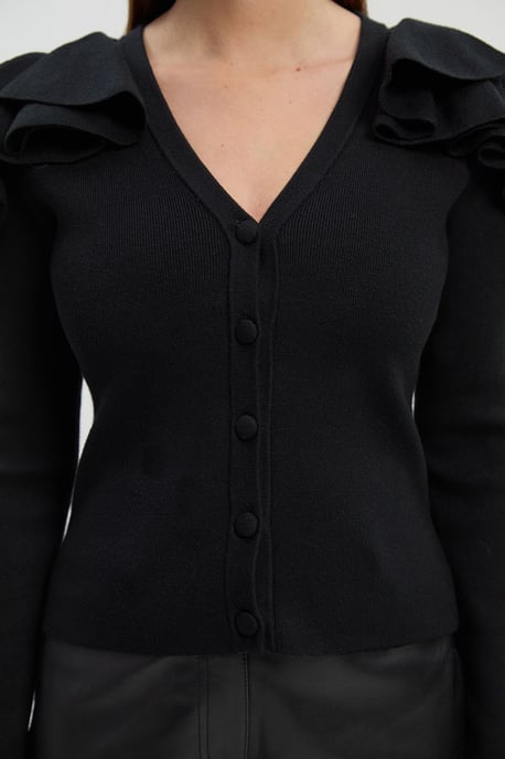 Compact Wool Look Ruffle V Neck Cardigan - Image 3
