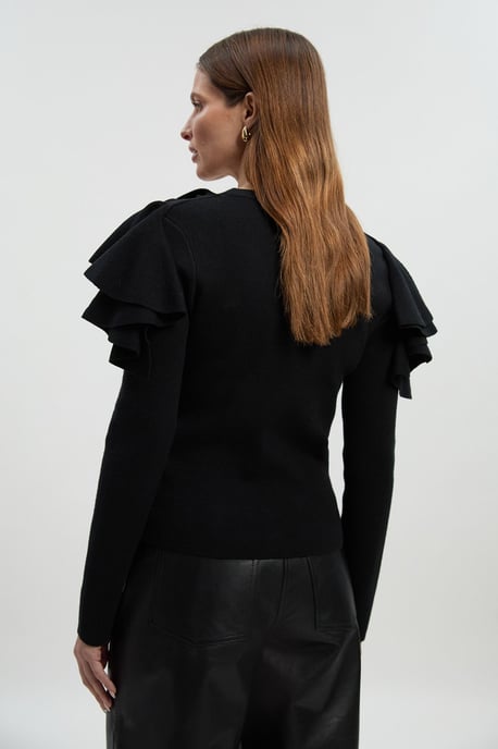 Compact Wool Look Ruffle V Neck Cardigan - Image 4