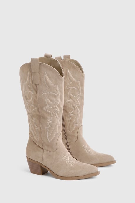 Faux Suede Western Embroidered Knee High Boots - Image 2