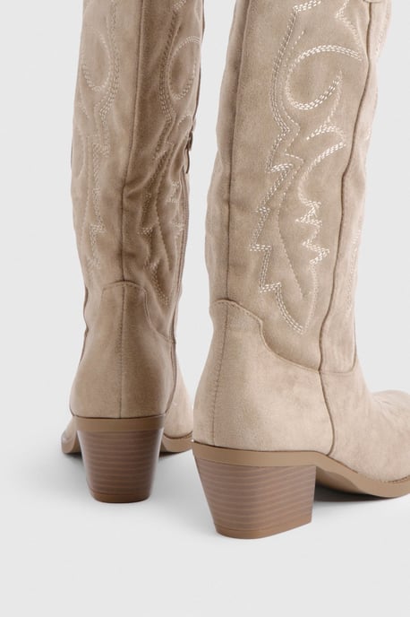 Faux Suede Western Embroidered Knee High Boots - Image 4