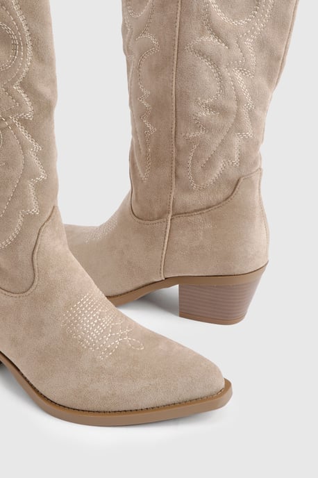 Faux Suede Western Embroidered Knee High Boots - Image 6