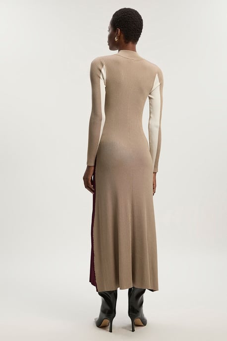 Slinky Viscose Colour Block Full Skirted Knit Midi Dress - Image 3