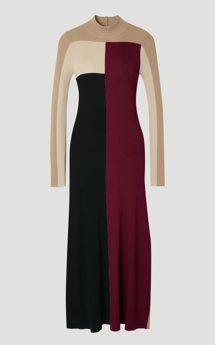 Slinky Viscose Colour Block Full Skirted Knit Midi Dress - Image 4