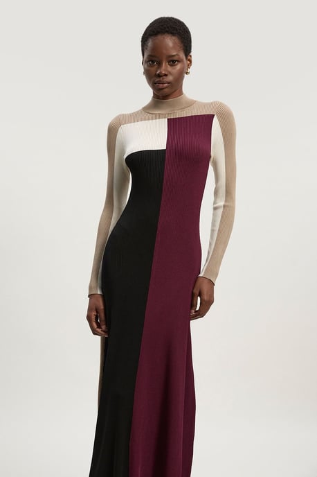 Slinky Viscose Colour Block Full Skirted Knit Midi Dress - Image 5