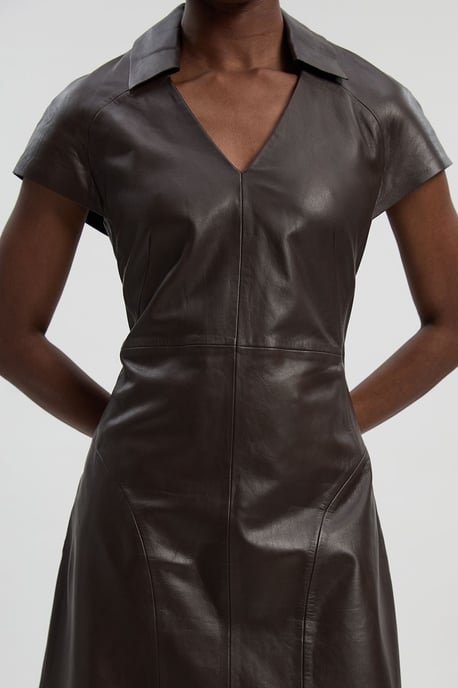 Leather Collared Tailored Midi Dress - Image 3